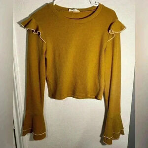 June & Hudson Mustard Yellow Crop Top Bell Cuff Size Medium Ruffled Shoulder